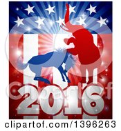 Clipart Of A Silhouetted Political Aggressive Democratic Donkey Or Horse And Republican Elephant Fighting Over A 2016 American Flag And Burst Royalty Free Vector Illustration