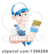 Clipart Of A Happy Young Brunette Caucasian Male House Painter Holding A Brush Around A Sign Royalty Free Vector Illustration