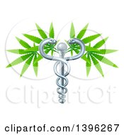 Clipart Of A Medical Marijuana Design With A Cannabis Plant Growing On A Silver Snake Caduceus Royalty Free Vector Illustration by AtStockIllustration