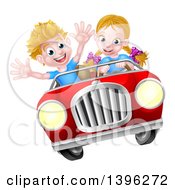 Poster, Art Print Of Blond White Girl Driving A Boy In A Red Convertible Car Catching Air