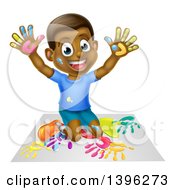 Cartoon Happy Black Boy Kneeling And Painting Artwork With His Hands