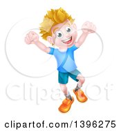 Poster, Art Print Of Cartoon Happy Excited Blond Caucasian Boy Jumping
