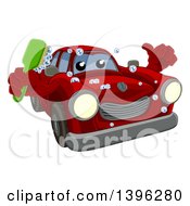 Clipart Of A Cartoon Red Car Character Holding A Thumb Up And A Scrub Brush Royalty Free Vector Illustration