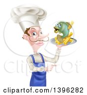 White Male Chef With A Curling Mustache Holding A Fish And Chips On A Tray And Pointing