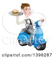 Cartoon Caucasian Male Waiter With A Curling Mustache Holding A Burger On A Tray On A Moped
