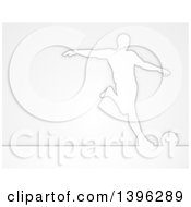 Poster, Art Print Of White Silhouetted Male Soccer Player In Action Over Gray