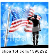 Black Silhouetted Solder Saluting On A Hill Top Over An American Flag And Sky