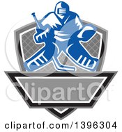 Poster, Art Print Of Retro Blue And White Ice Hockey Goalie Over A Net Shield And Banner