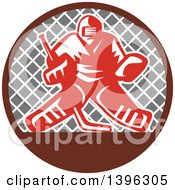 Poster, Art Print Of Retro Red And White Ice Hockey Goalie Over A Net In A Brown And Gray Circle