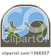 Poster, Art Print Of Retro Green Man Working Out On A Rowing Machine In A Half Circle