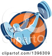 Poster, Art Print Of Retro Male Bodybuilder Swinging A Barbell In A Blue And Orange Circle