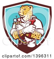 Cartoon Refrigeration And Air Conditioning Mechanic Or Plumber Cheetah Holding A Pressure Temperature Gauge And Monkey Wrench In A Shield