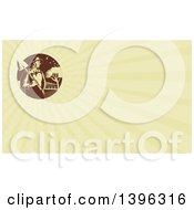Clipart Of A Retro Woodcut Male Farmer Holding A Shovel Against Farmland And Rays Background Or Business Card Design Royalty Free Illustration