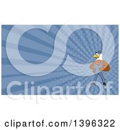 Poster, Art Print Of Cartoon Bald Eagle Plumber Man Holding A Plunger And Blue Rays Background Or Business Card Design