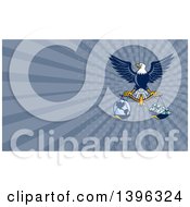 Poster, Art Print Of Flying American Bald Eagle Holding A Scale With Earth And Money And Blue Rays Background Or Business Card Design