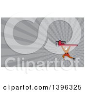 Poster, Art Print Of Cartoon Bald Eagle Plumber Man Lifting A Monkey Wrench And Gray Rays Background Or Business Card Design