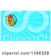 Clipart Of A Cartoon White Fireman Carrying A Hook And Axe And Blue Rays Background Or Business Card Design Royalty Free Illustration