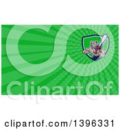 Poster, Art Print Of Cartoon Muscular Lumberjack Or Arborist Dog Man Holding A Chainsaw And Green Rays Background Or Business Card Design