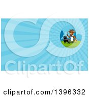 Clipart Of A Cartoon Cow Chef Grilling In A Yard With A Chicken And Blue Rays Background Or Business Card Design Royalty Free Illustration