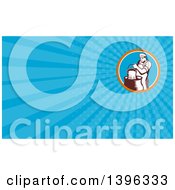 Clipart Of A Retro Male Cheesemaker Pouring A Bucket Of Curd And Whey Into A Vat And Blue Rays Background Or Business Card Design Royalty Free Illustration by patrimonio