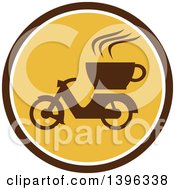 Poster, Art Print Of Retro Coffee Moped In A Brown White And Yellow Circle