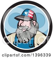 Clipart Of A Cartoon Chubby White Male Hillbilly Wearing A Patriotic Hat In A Black White And Blue Circle Royalty Free Vector Illustration