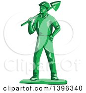 Clipart Of A Retro Green Toy Miner Worker Holding A Shovel Royalty Free Vector Illustration