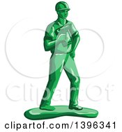 Poster, Art Print Of Retro Green Toy Construction Worker Holding A Nail Gun