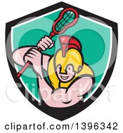 Clipart Of A Cartoon Gladiator Lacrosse Player Wearing Spartan Helmet And Striking In A Black White And Turquoise Shield Royalty Free Vector Illustration by patrimonio