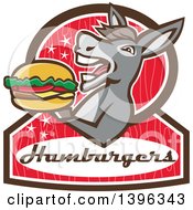 Clipart Of A Retro Donkey Standing Upright And About To Take A Bite Out Of A Cheeseburger On A Red Sign Royalty Free Vector Illustration