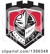 Clipart Of A Retro Knight Helmet In A Black White And Red Shield Royalty Free Vector Illustration