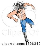 Clipart Of A Cartoon Shirtless Jumping Caucasian Man With Gray Hair Royalty Free Vector Illustration