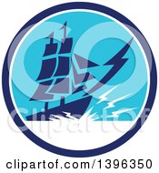 Poster, Art Print Of Retro Galleon Ship With Lightning In A Blue And White Circle