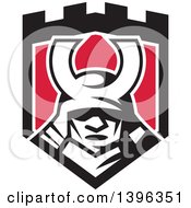 Clipart Of A Retro Samurai Mask In A Black White And Red Shield Royalty Free Vector Illustration