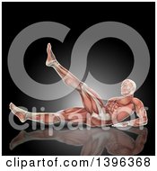 Clipart Of A 3d Anatomical Man With Visible Muscles Lifting A Leg On A Dark Background Royalty Free Illustration