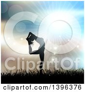 Clipart Of A Fit Silhouetted Woman Doing Yoga Against A Sunset With Sparkles Royalty Free Illustration