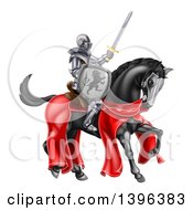 Poster, Art Print Of 3d Full Armored Medieval Knight On A Black Horse Holding A Sword And Shield