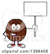 Cartoon Coffee Bean Mascot Character Holding Up A Blank Sign