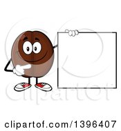 Cartoon Coffee Bean Mascot Character Pointing To A Blank Sign
