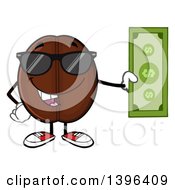 Cartoon Coffee Bean Mascot Character Wearing Sunglasses And Holding Cash