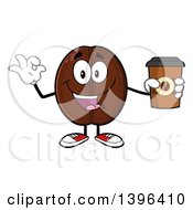 Cartoon Coffee Bean Mascot Character Holding A Take Out Cup And Gesturing Ok