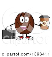 Cartoon Coffee Bean Mascot Character Holding A Briefcase And A Take Out Cup