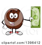 Cartoon Coffee Bean Mascot Character Holding Cash