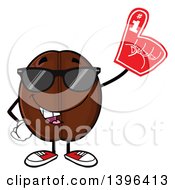 Cartoon Coffee Bean Mascot Character Wearing Sunglasses And A Foam Finger