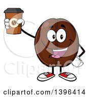 Cartoon Coffee Bean Mascot Character Holding Up A Take Out Cup