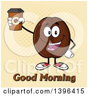 Cartoon Coffee Bean Mascot Character Holding Up A Take Out Cup Over Halftone
