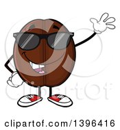 Cartoon Coffee Bean Mascot Character Wearing Sunglasses And Waving