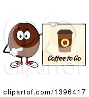Cartoon Coffee Bean Mascot Character Holding A To Go Sign