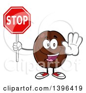 Clipart Of A Cartoon Coffee Bean Mascot Character Holding Out A Hand And Stop Sign Royalty Free Vector Illustration