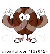 Cartoon Coffee Bean Mascot Character Flexing His Muscles